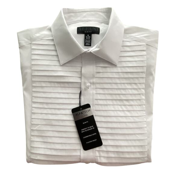 Alfani Dress Shirt Men's Medium 15-15.5 34/35 Pleated Panel Slim Fit White NEW - Picture 1 of 14